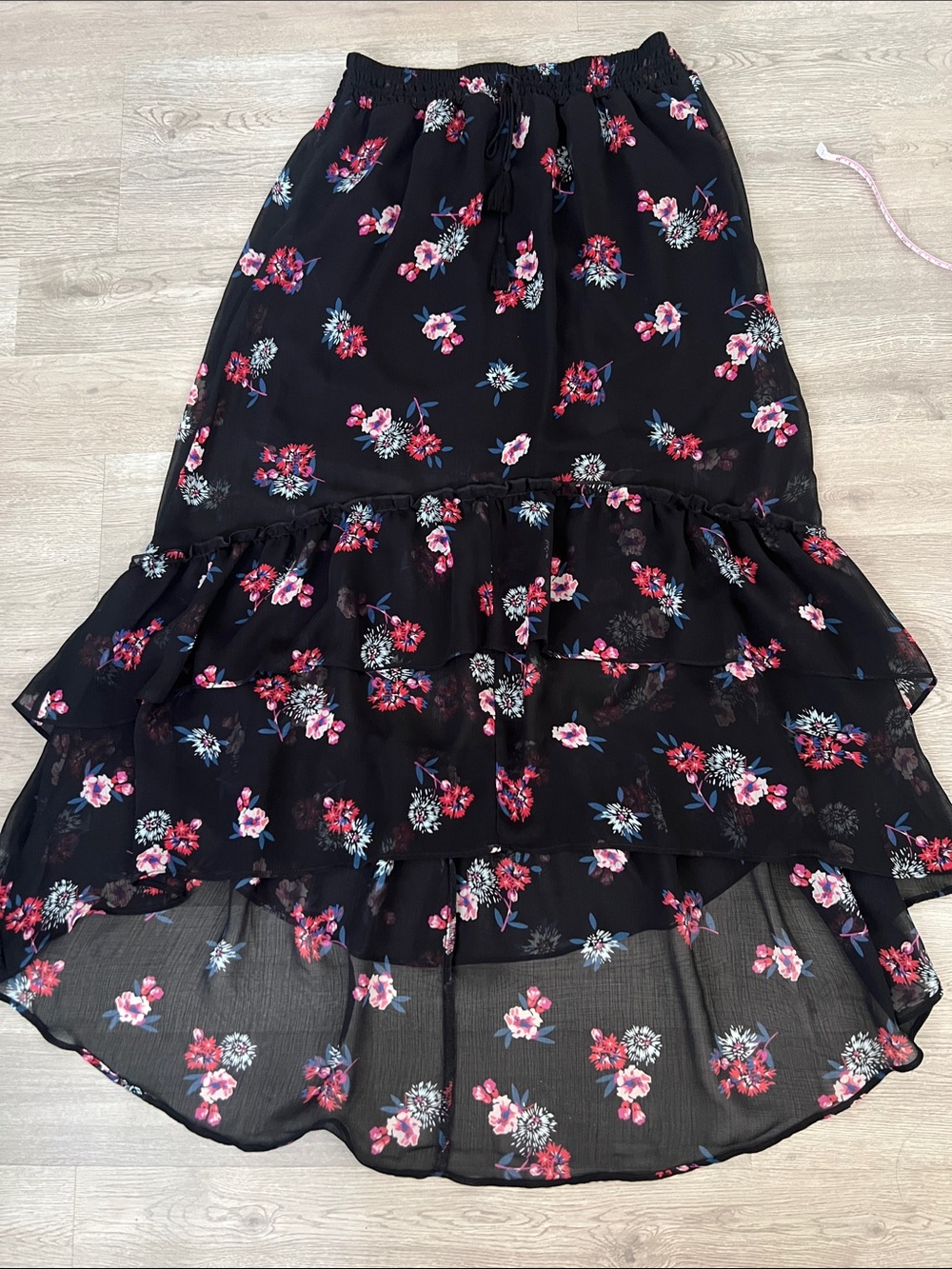Black Floral Tiered Semi Sheer Ruffle Maxi Skirt